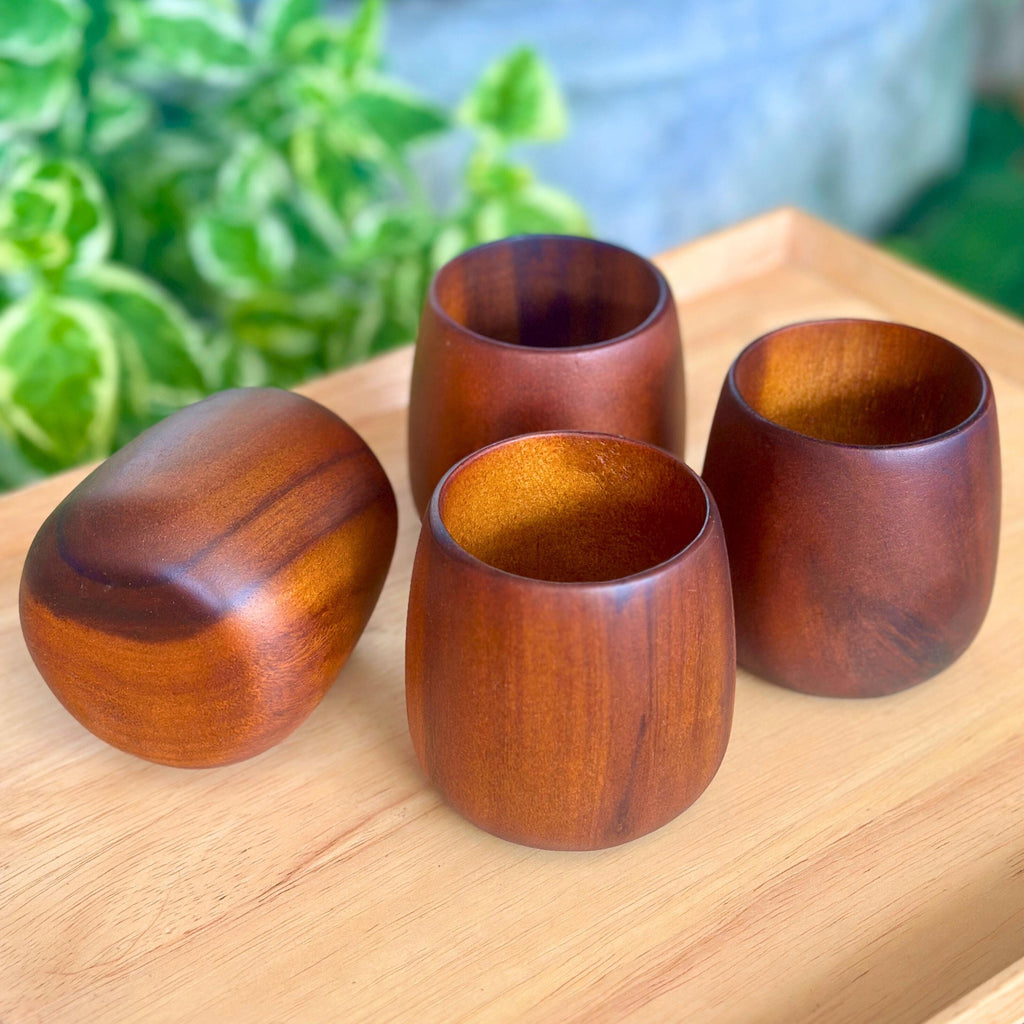 Hand Carved Wood Drinking Cups: Set of 4 Coffee & Tea Tableware