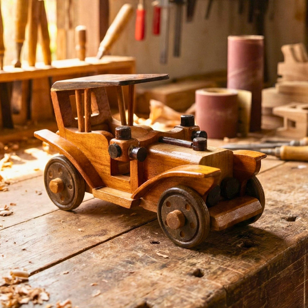 Hand Carved Wood Model-T Car: Antique Vintage Automobile Desk Decor