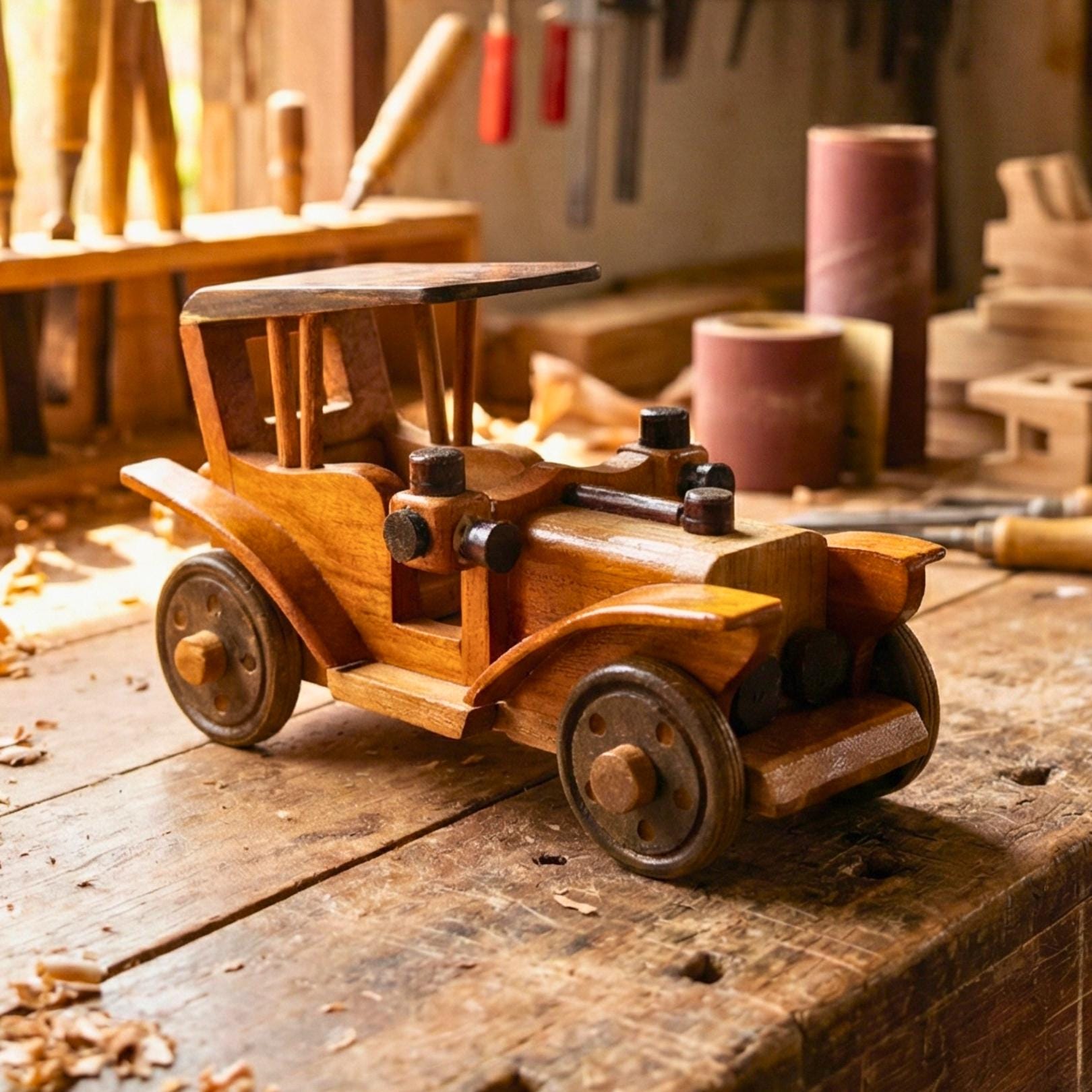 Hand Carved Wood Model-T Car: Antique Vintage Automobile Desk Decor
