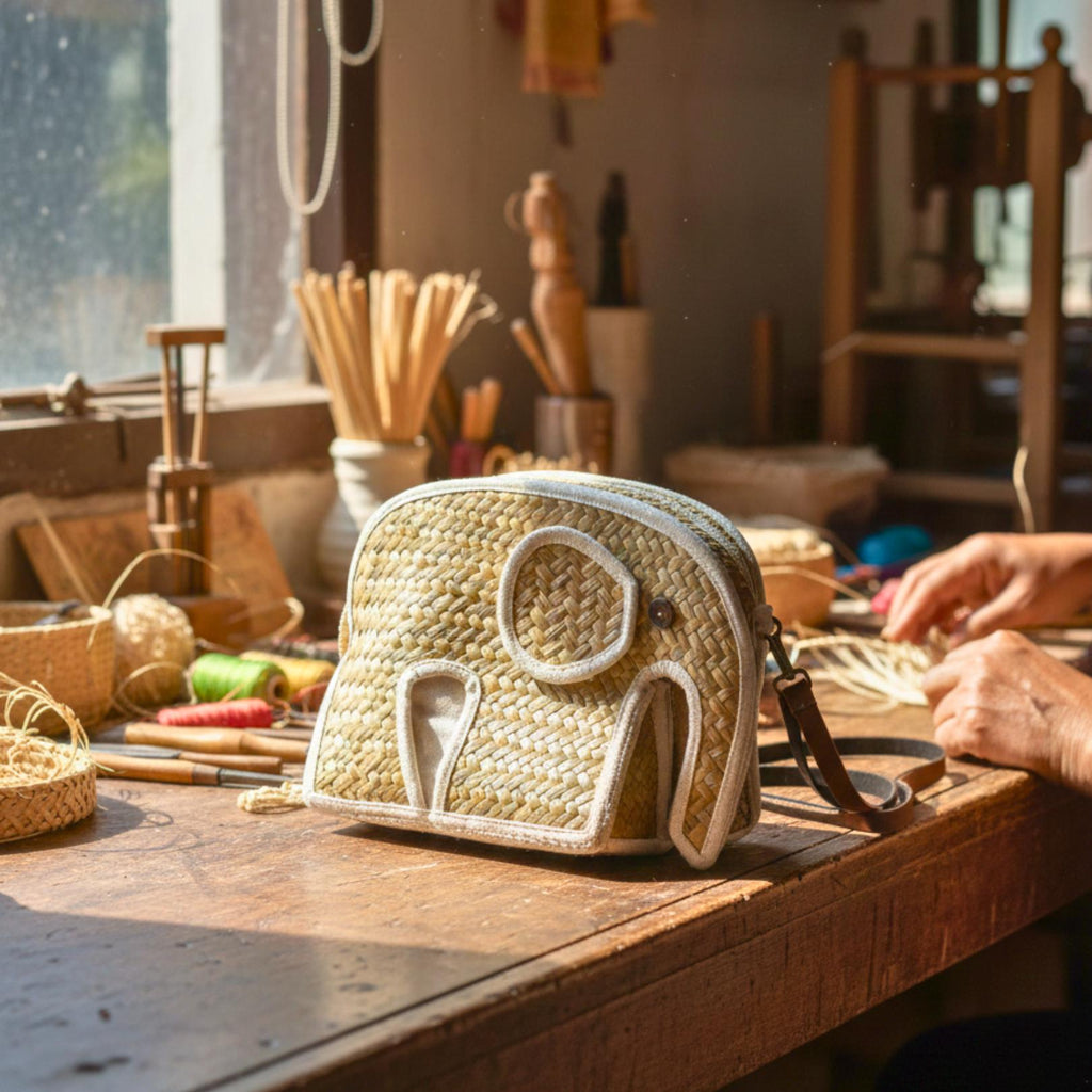 Hand Woven Elephant Rattan Shoulder Bag: Charming Animal Motif Purse