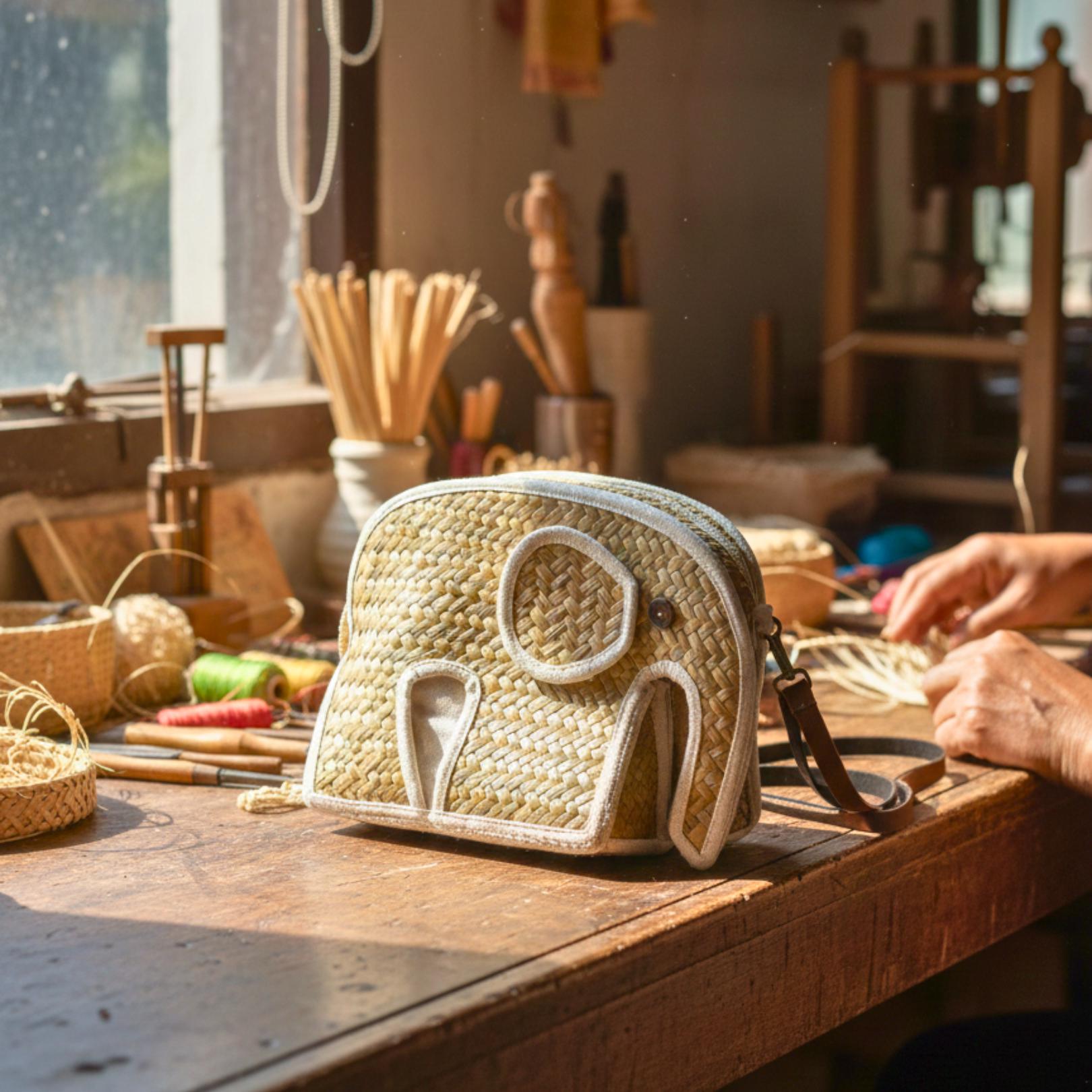 Hand Woven Elephant Rattan Shoulder Bag: Charming Animal Motif Purse