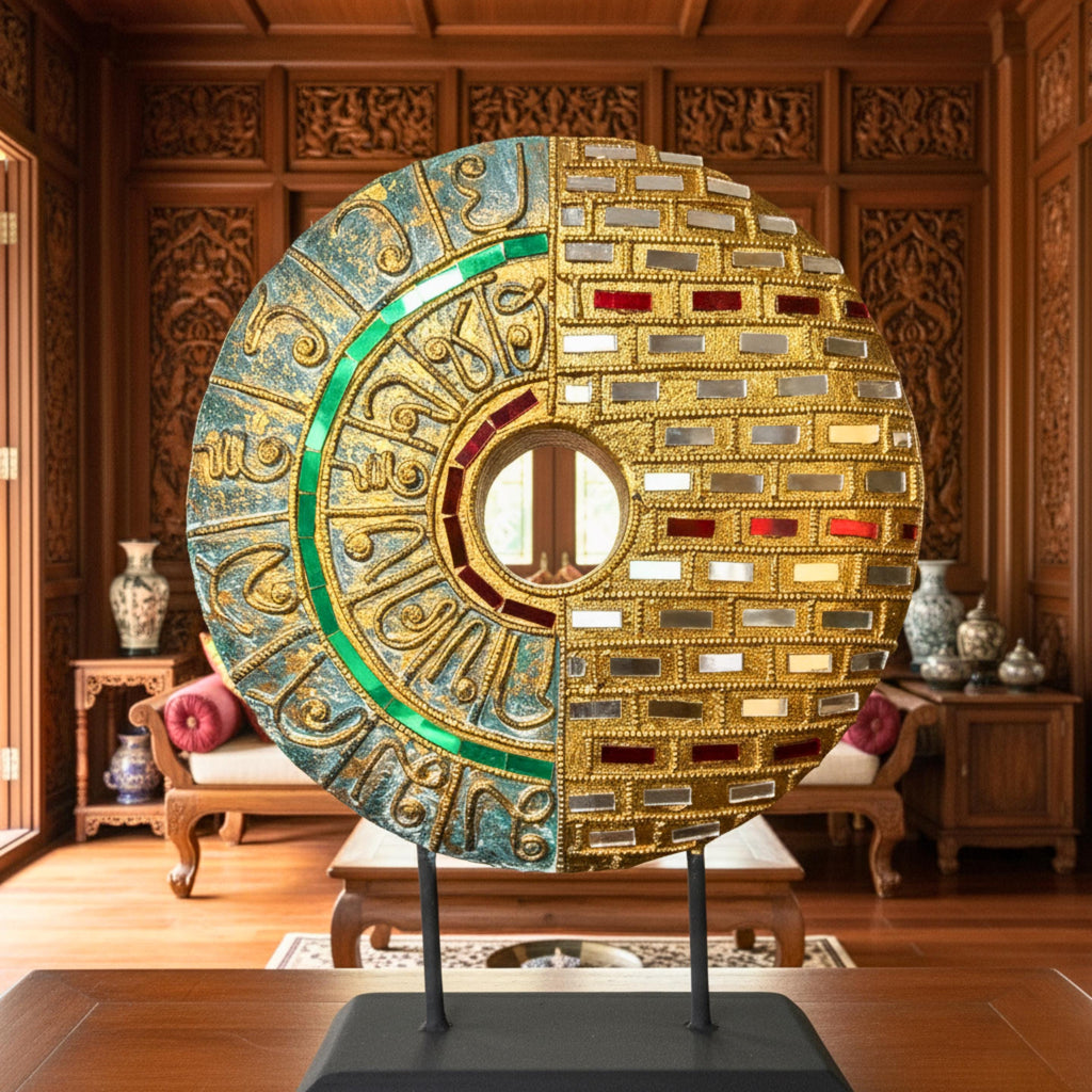 Handcrafted Mandala Disc Geometric Mosaic: Thai Folk Art Inlaid Sculpture
