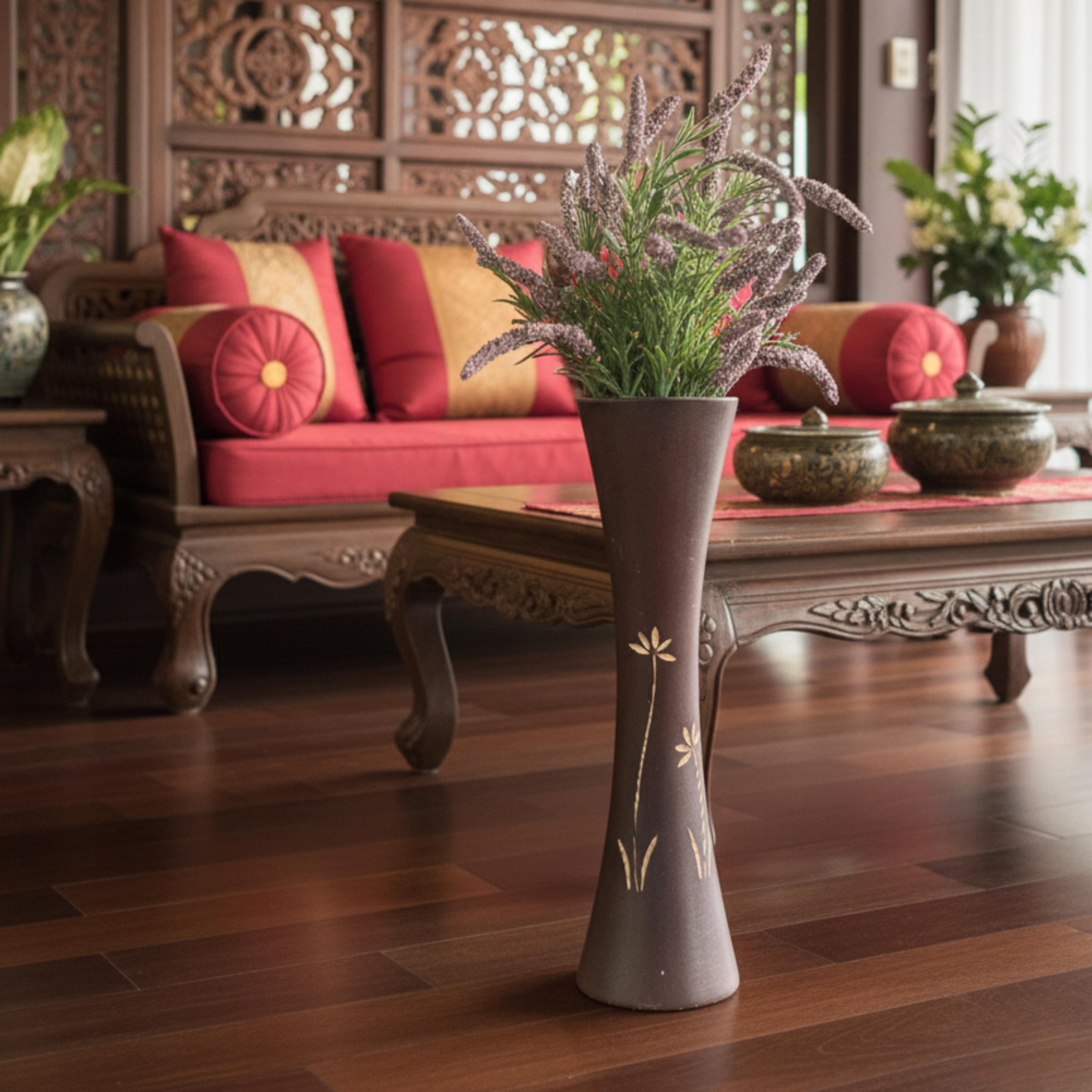 Hand Carved Wooden Tabletop Vase: Two Tone Floral Rustic Decor