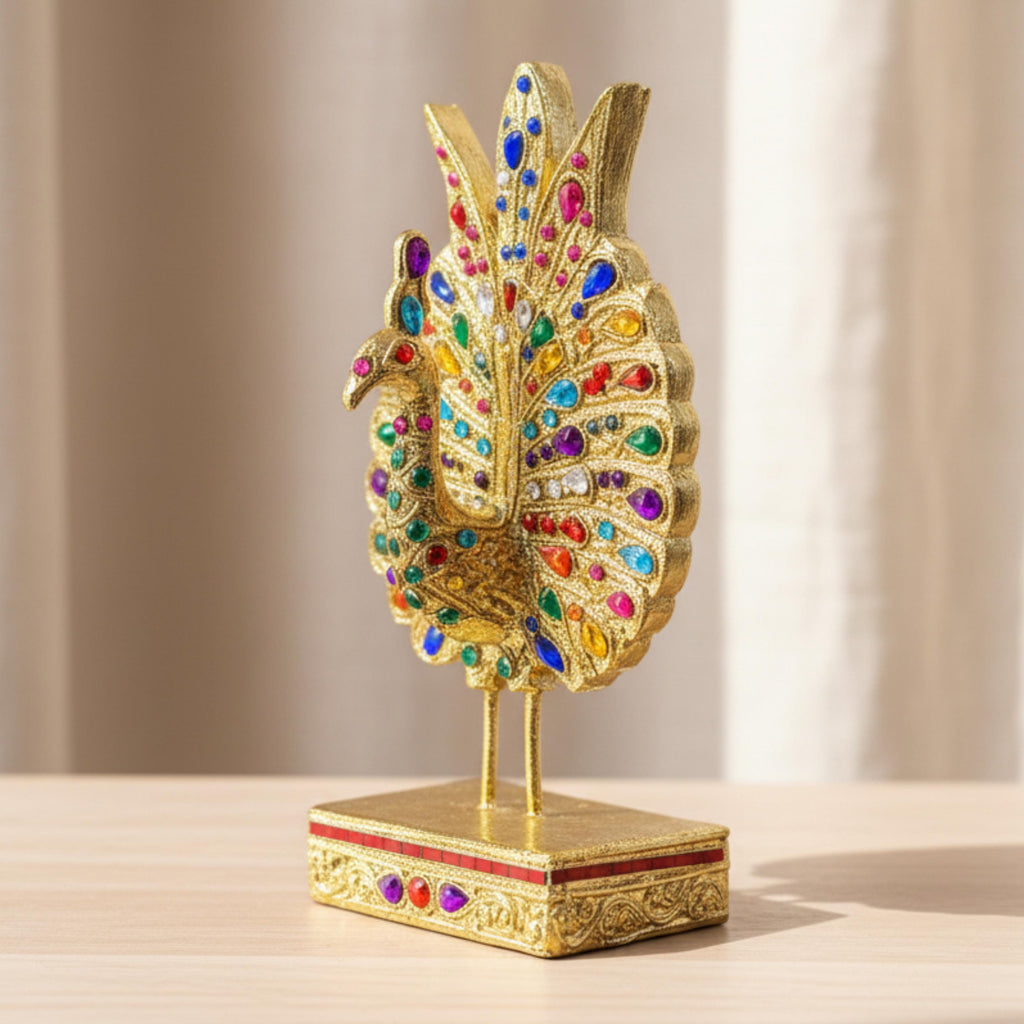 Jeweled Golden Peacock Figurine: Ornate Thai Home Decor