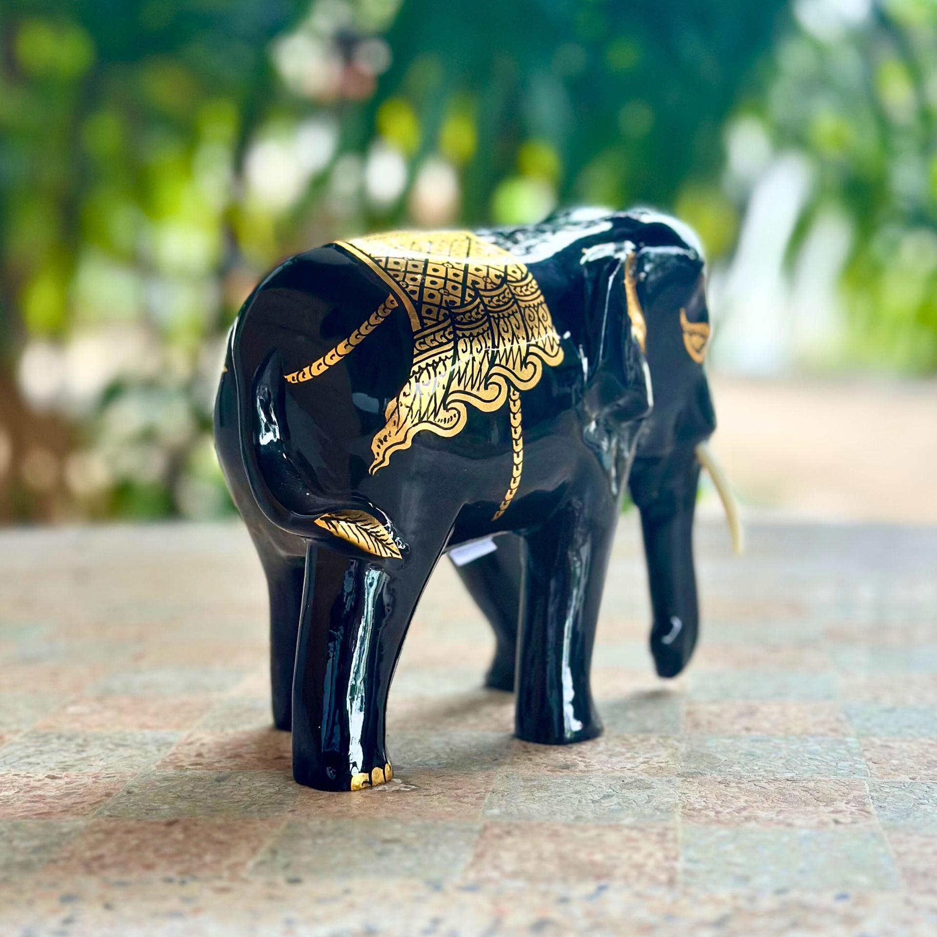 Hand Carved Black Lacquer Elephant Figurine Thai Wood Good Luck Statue Elephant Lover Gift