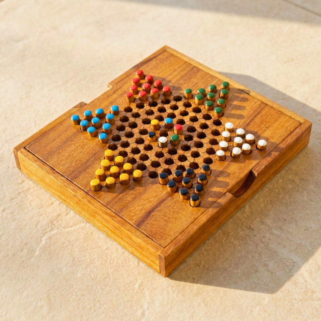 Hand Carved Wood Chinese Checkers Set: Rustic Portable Board Game, Toy & Puzzle