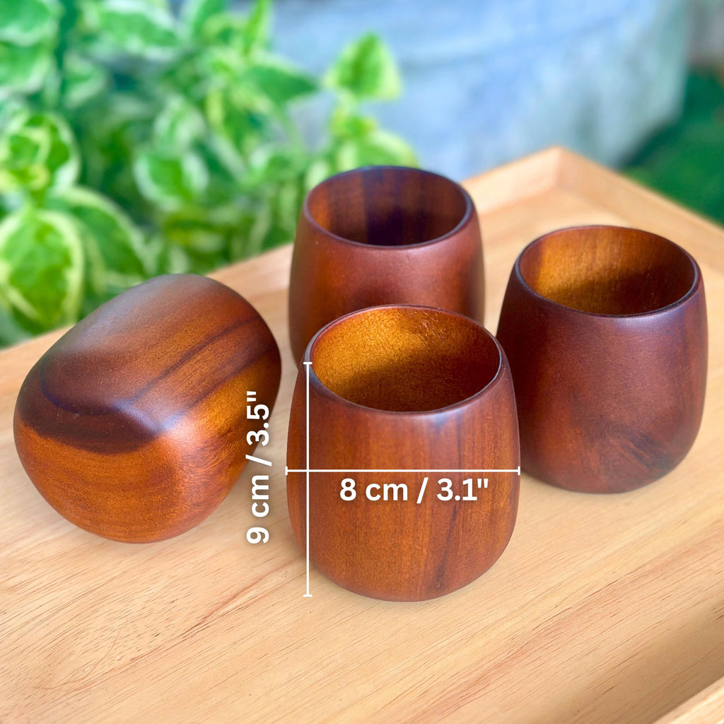 Hand Carved Wood Drinking Cups: Set of 4 Coffee & Tea Tableware