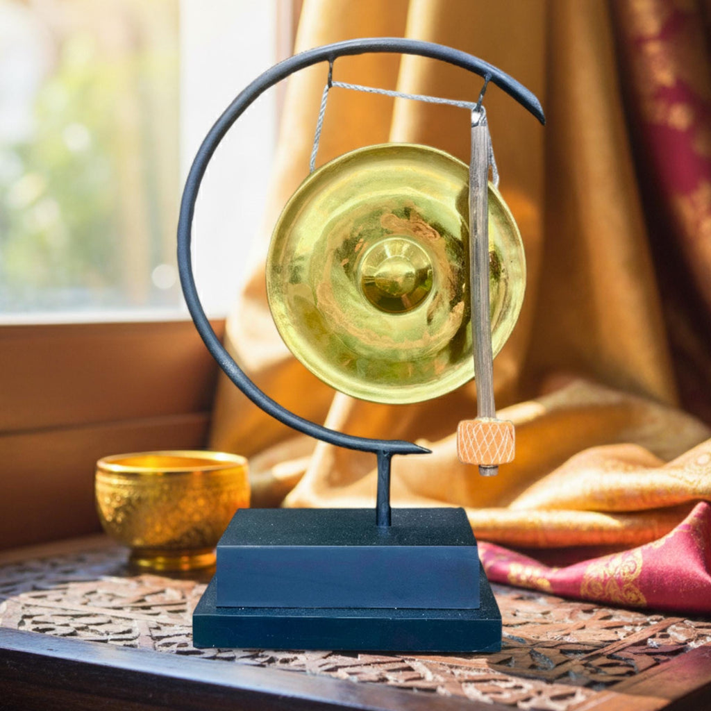 Minimalist Metal Gong on Stand: Golden Brass Zen Decor