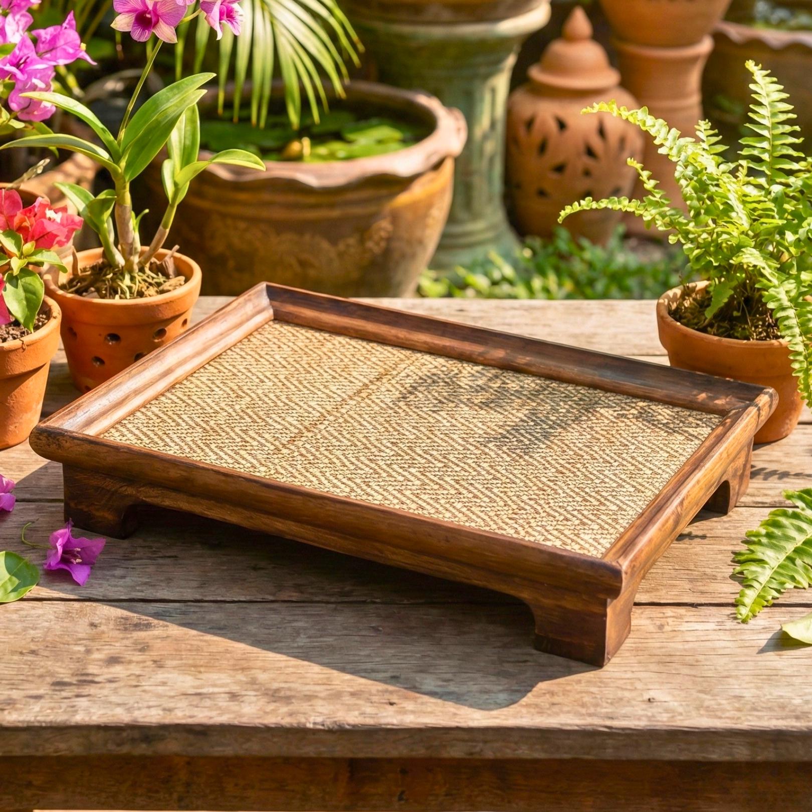 Handcrafted Hardwood Serving Tray: Woven Rattan Elevated Riser for Serving & Tea Set Display