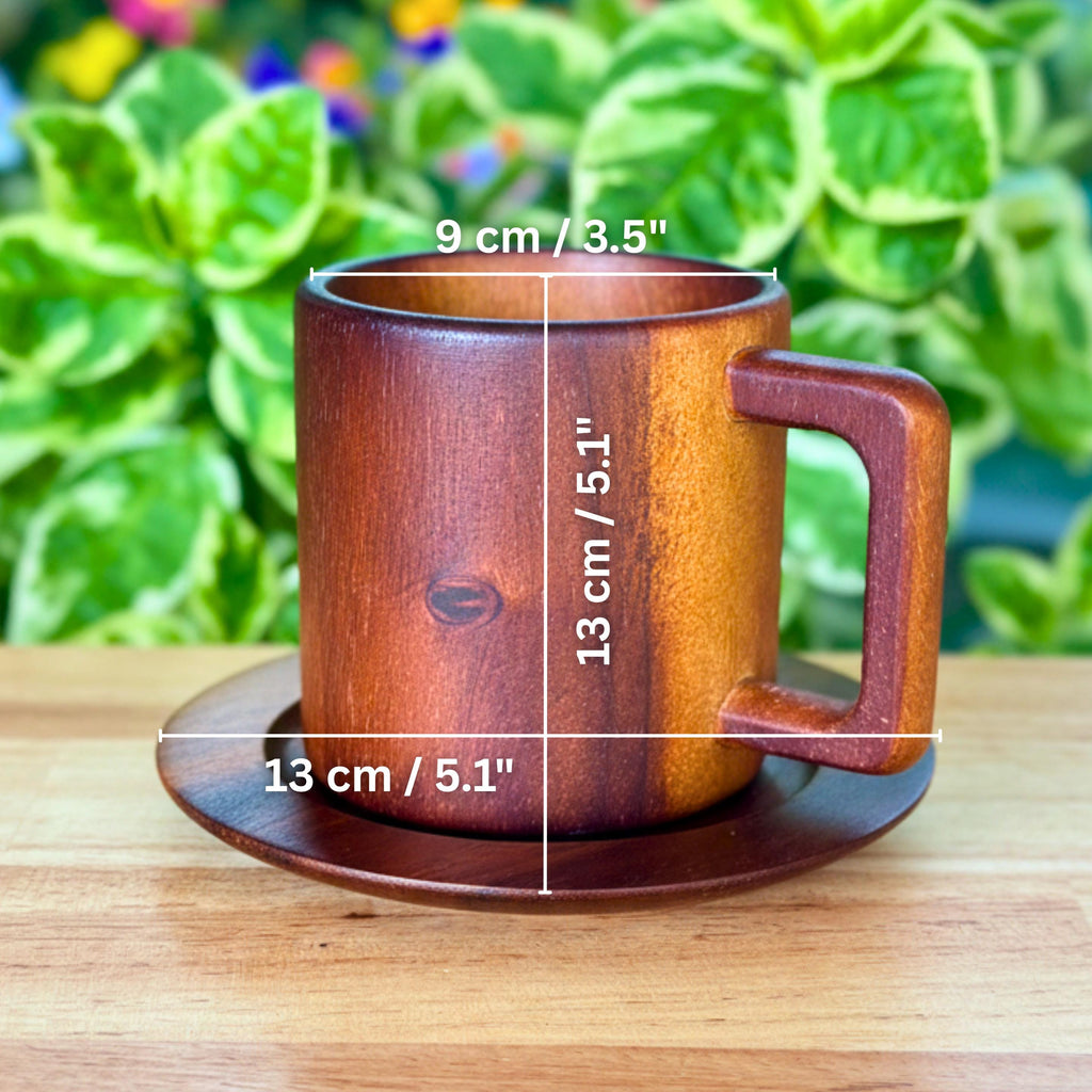Hand Carved Wood Coffee Mug and Saucer Set: Rustic Teak Wood Teaware