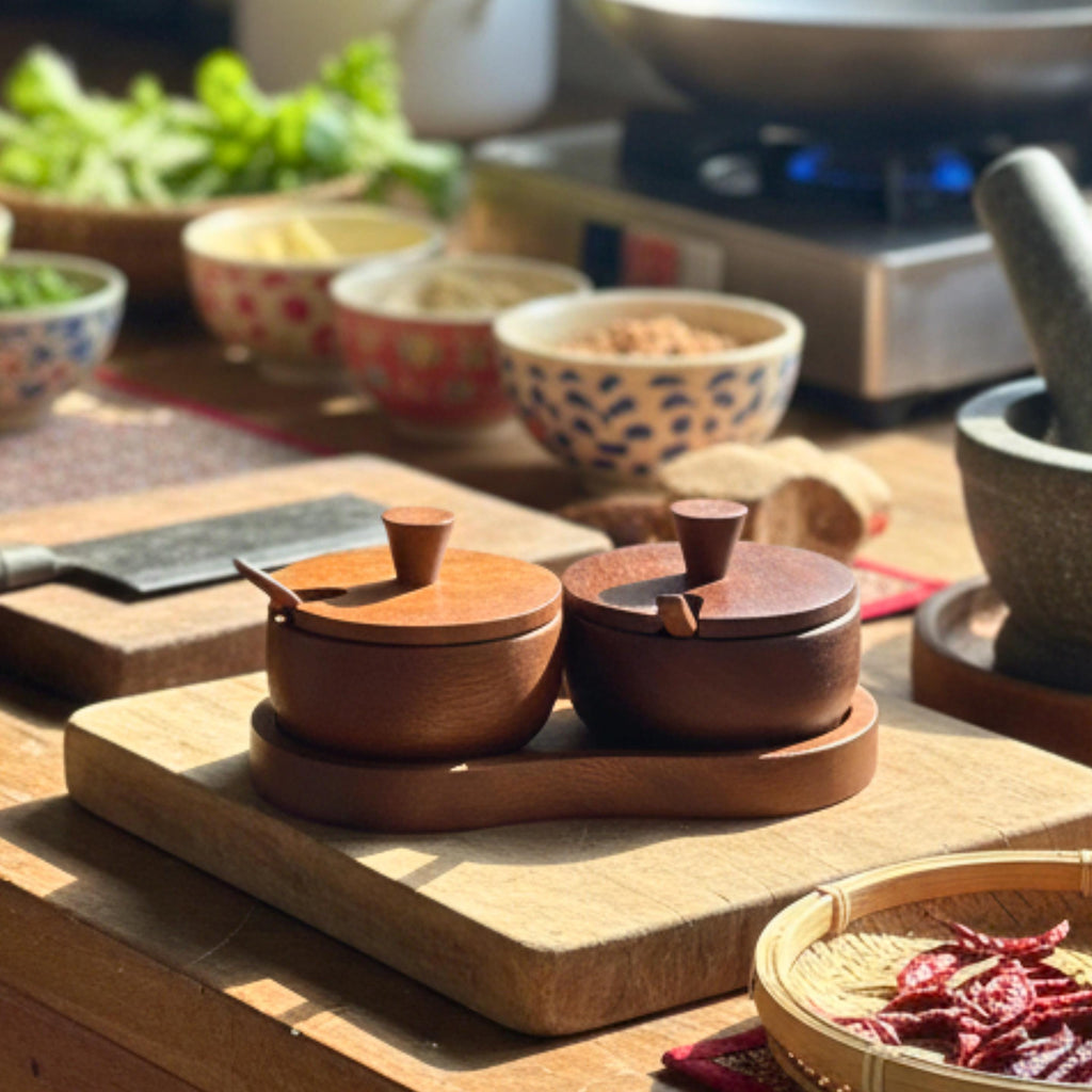 Hand Carved Wood Spice and Condiment Set: Salt, Sugar, and Pepper Server
