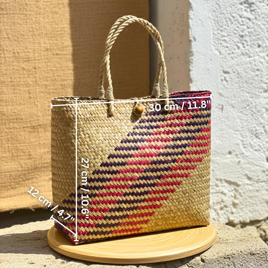 Hand Woven Rattan Market Bag: Large Boho Wicker Tote with Geometric Pattern