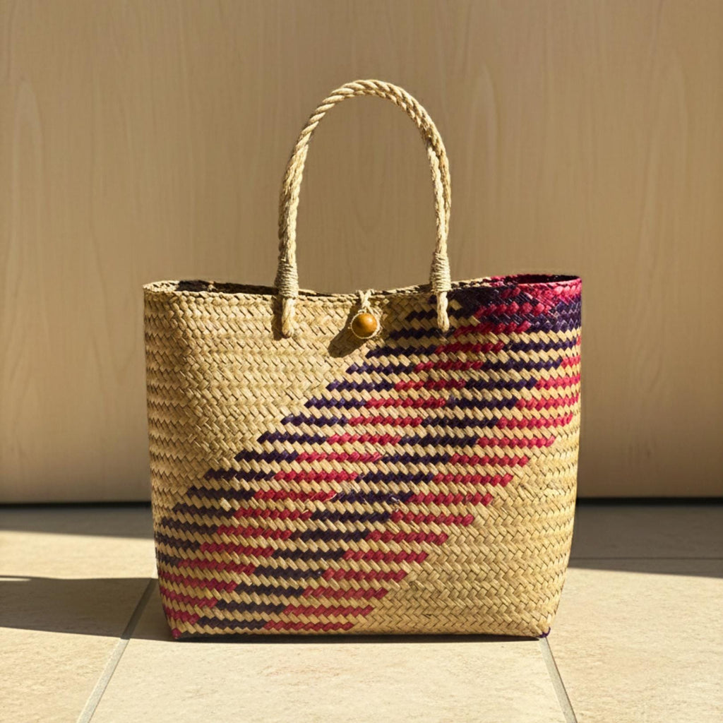 Hand Woven Rattan Market Bag: Large Boho Wicker Tote with Geometric Pattern