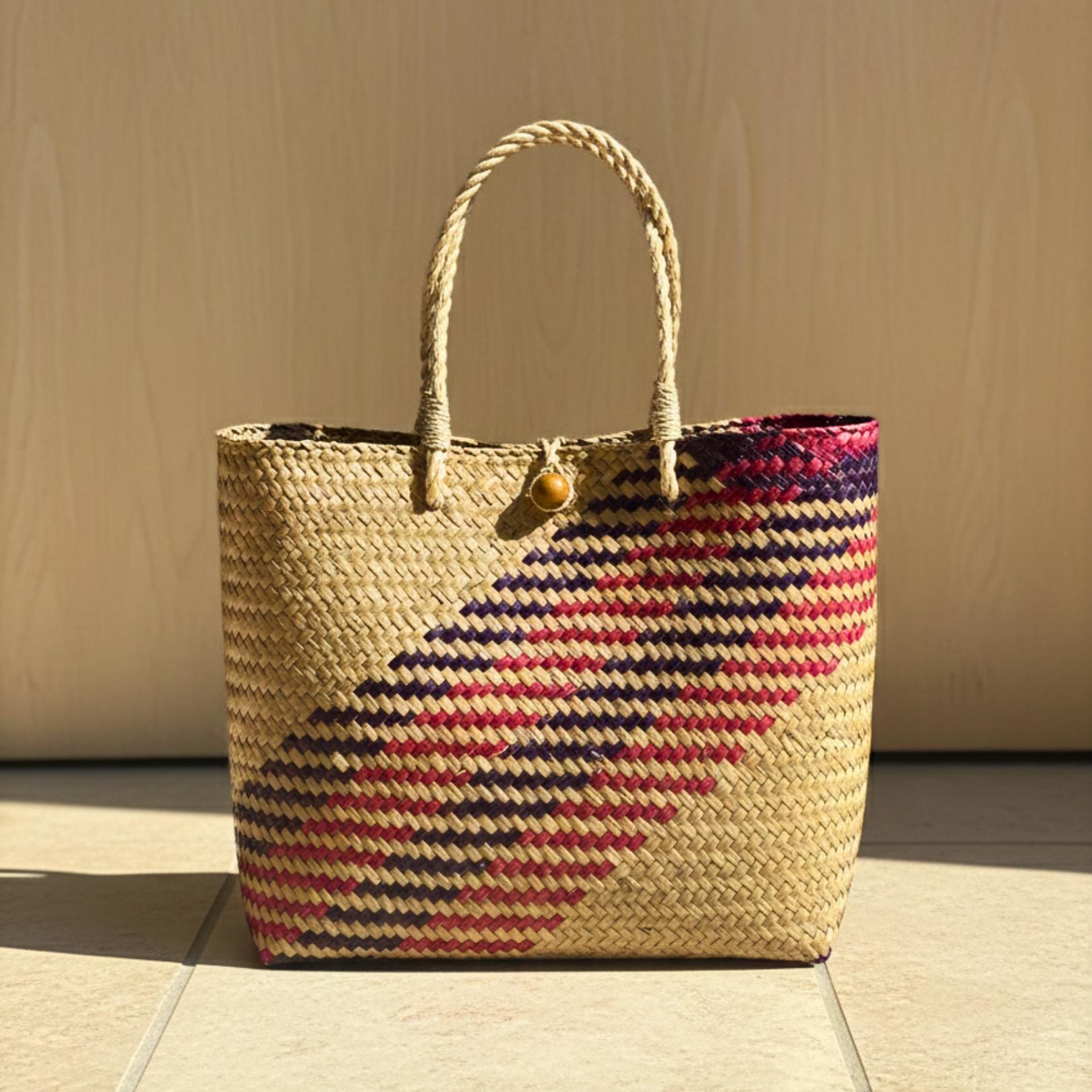 Hand Woven Rattan Market Bag: Large Boho Wicker Tote with Geometric Pattern
