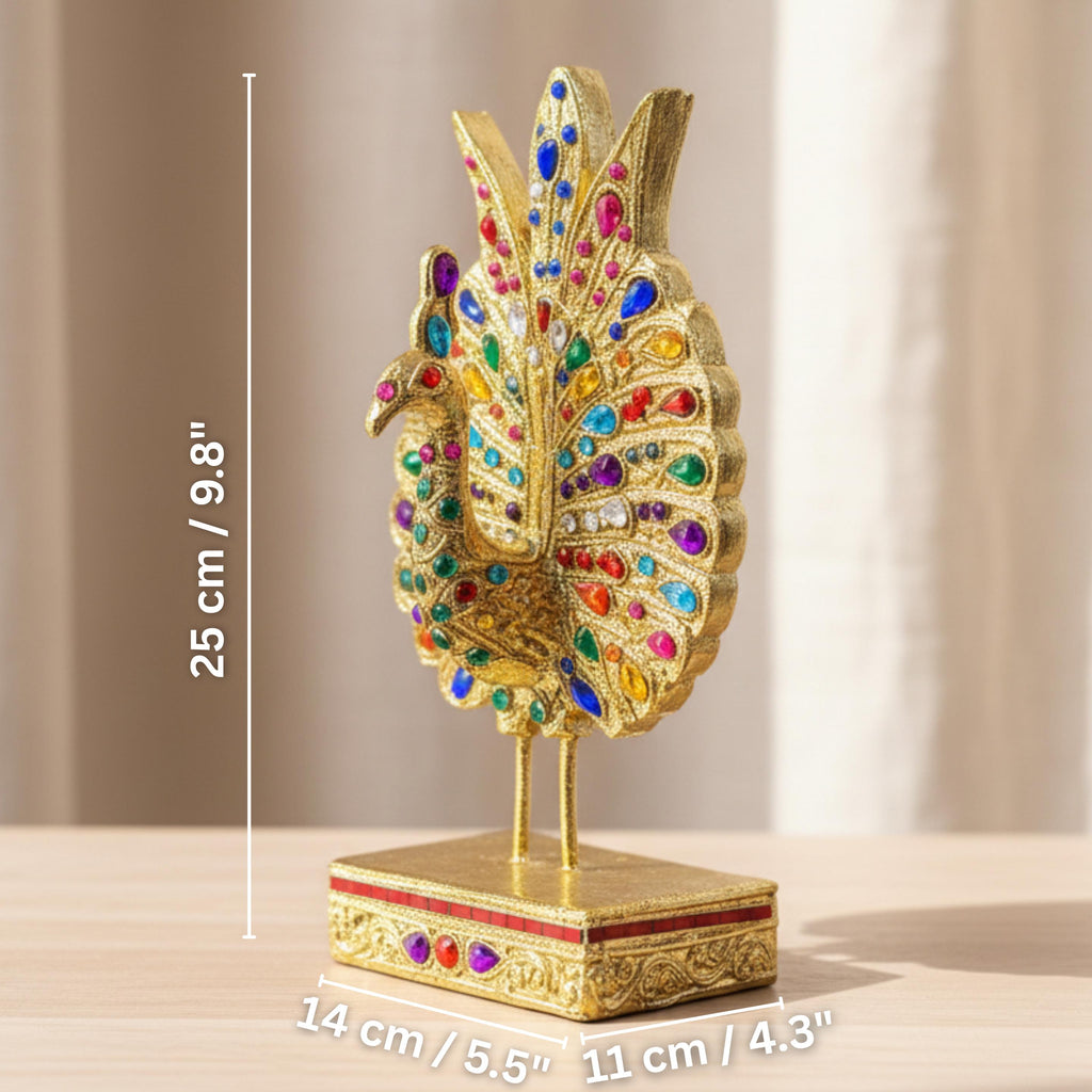 Jeweled Golden Peacock Figurine: Ornate Thai Home Decor
