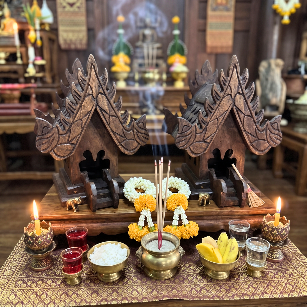 Teak Wood Mini Spirit House, Miniature Thai Altar Shrine, Sacred Housewarming Gift for Zen Home