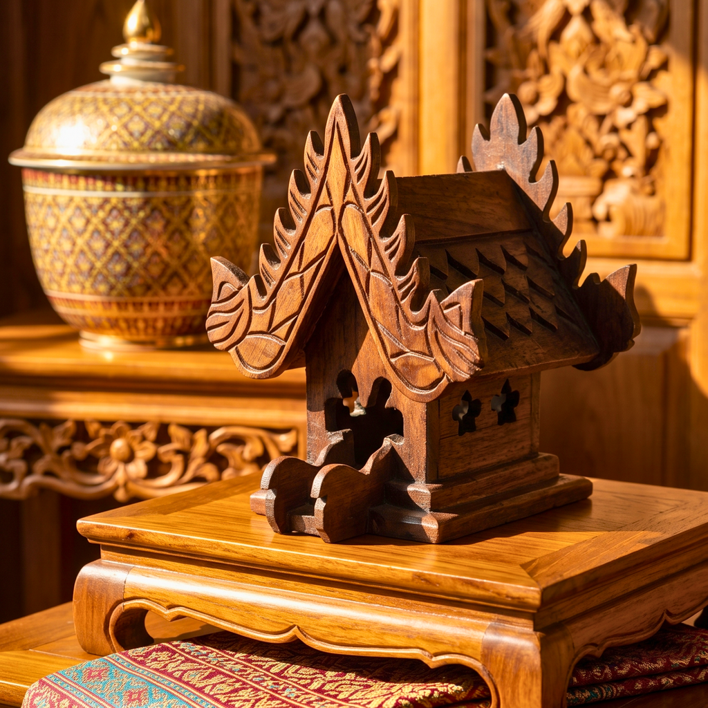 Teak Wood Mini Spirit House, Miniature Thai Altar Shrine, Sacred Housewarming Gift for Zen Home
