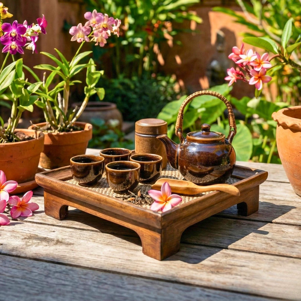 Handcrafted Hardwood Serving Tray: Bamboo Woven Riser for Tea & Teaware, Square