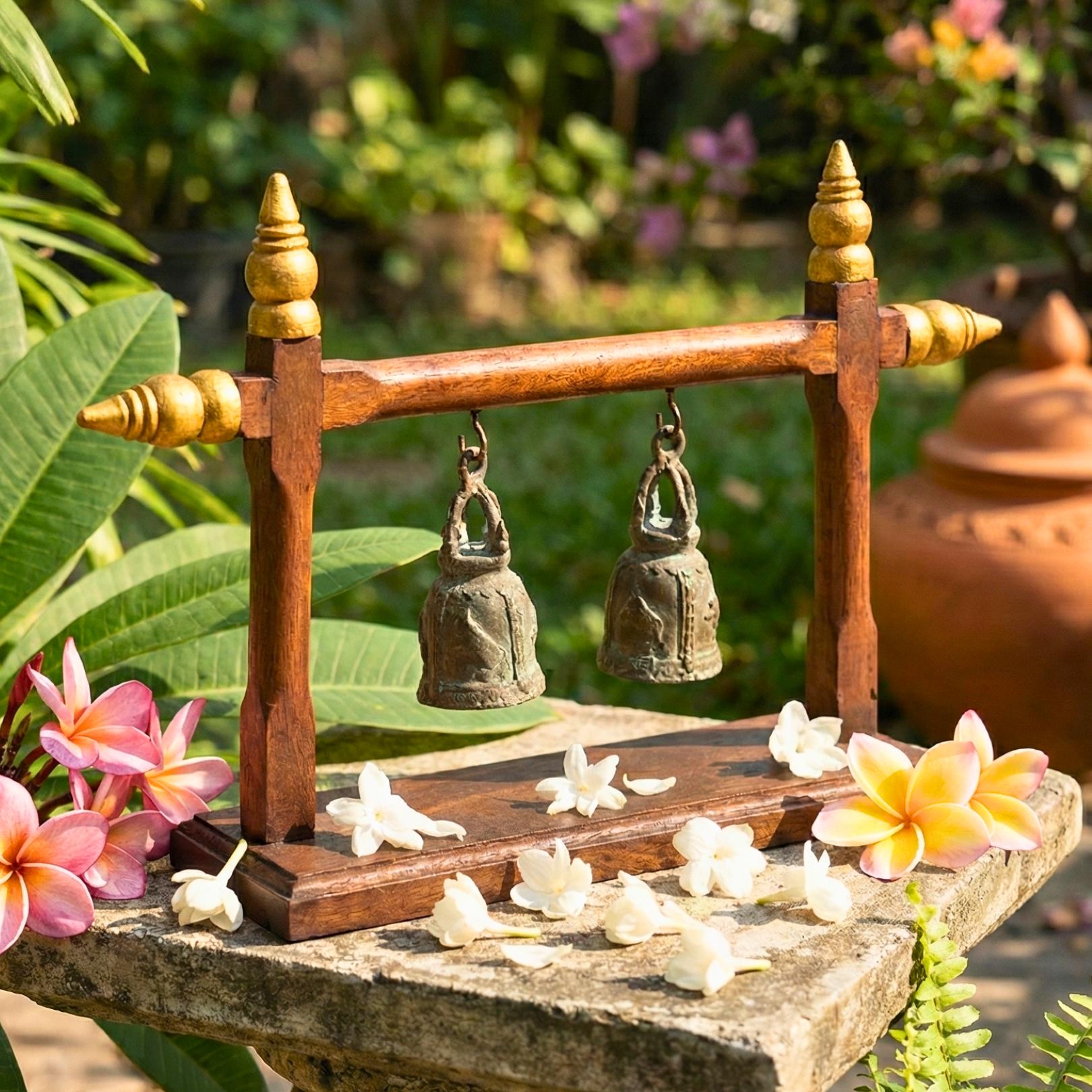 Hand Carved Teak Wood Double Bell Frame: Traditional Thai Temple Decor