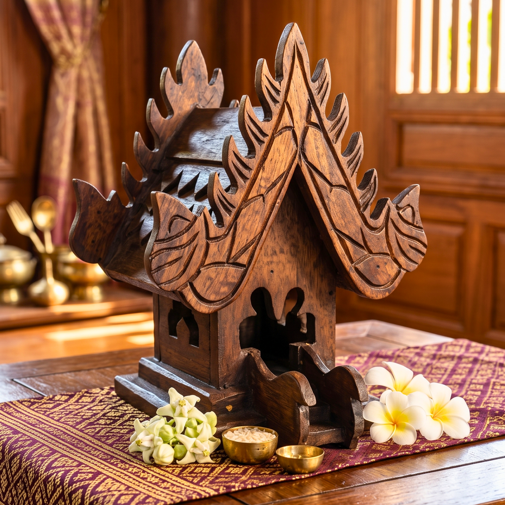 Teak Wood Mini Spirit House, Miniature Thai Altar Shrine, Sacred Housewarming Gift for Zen Home