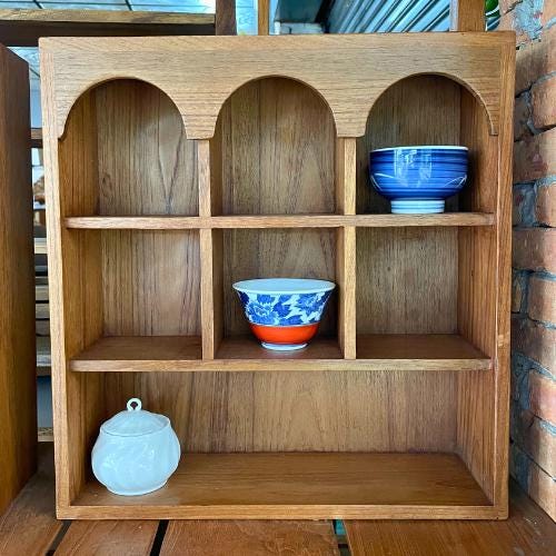 Teak Wood Arched Wall Shelf: Thai Niche Display with Mini Vessels