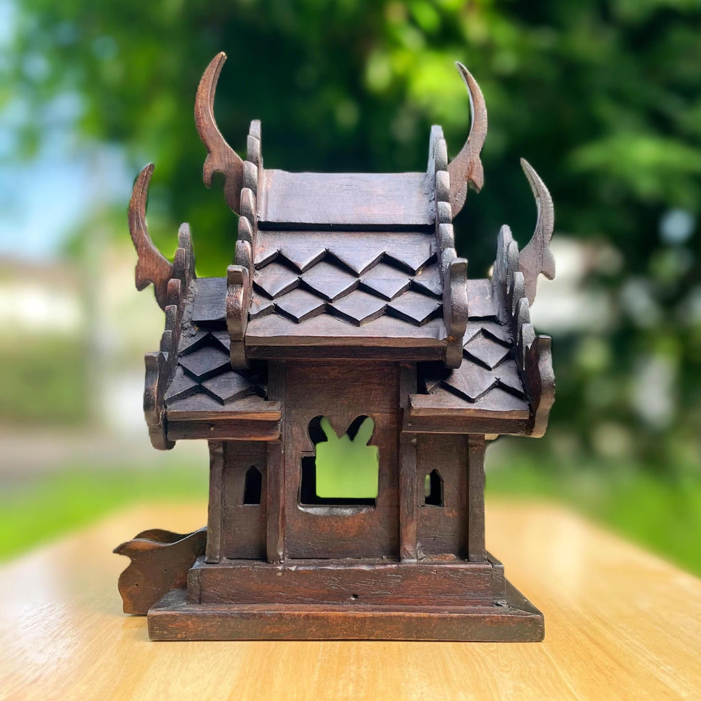 Handcrafted Teak Wood Spirit House: San Phra Phum Traditional Thai Folk Art Decor