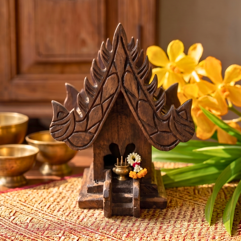Teak Wood Mini Spirit House, Miniature Thai Altar Shrine, Sacred Housewarming Gift for Zen Home
