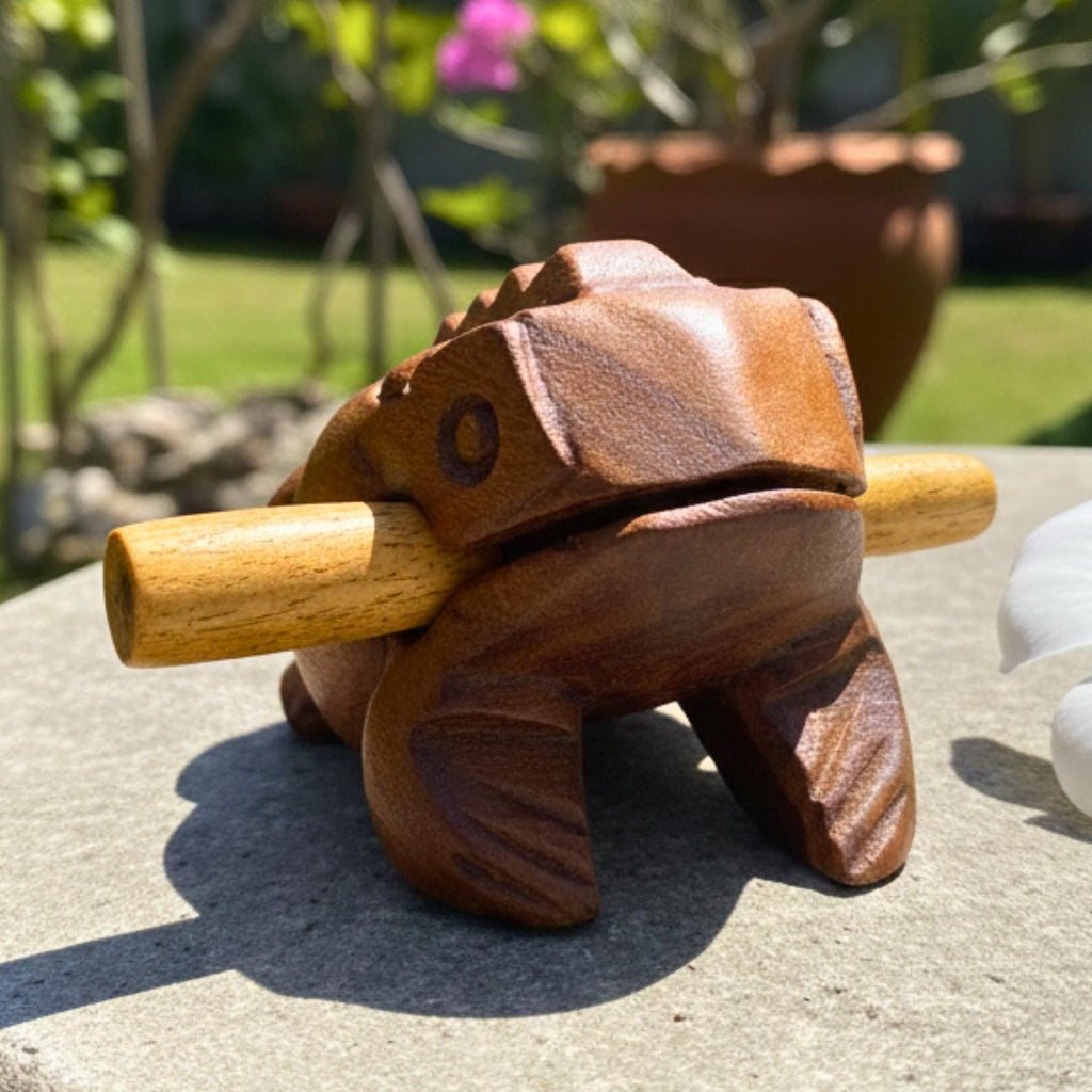 Hand Carved Wood Frog Musical Instrument: Croaking Sound Guiro Toy