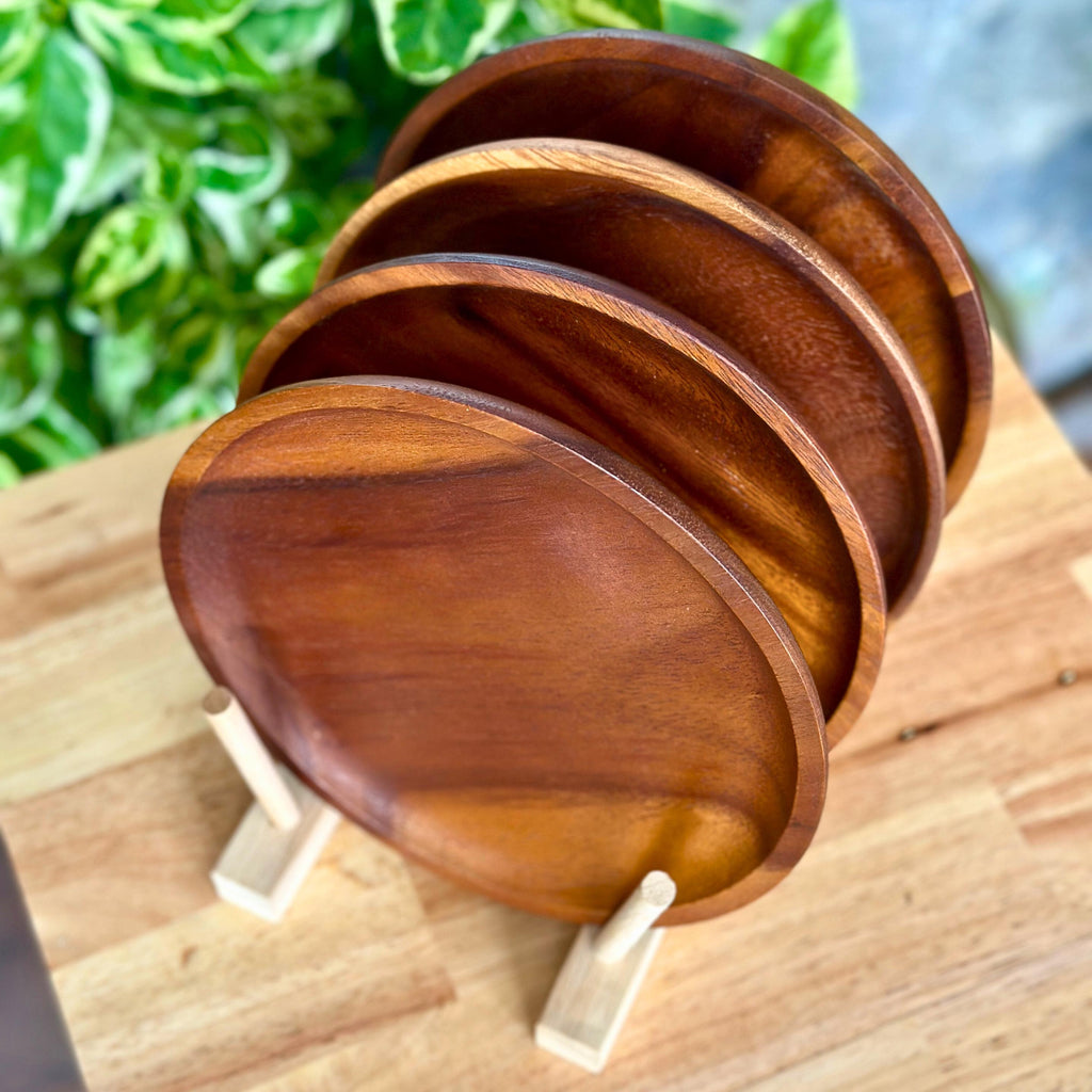Hand Carved Hardwood Dinner Plates 8”: Deep Tone Rustic Dinnerware