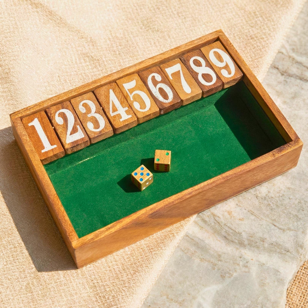 Hand Carved Acacia Wood Jackpot Game: Shut the Box Traditional Board Game & Toy