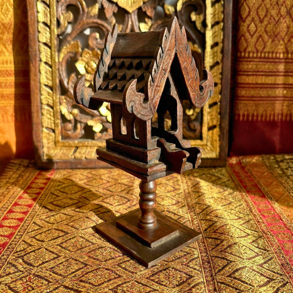 Hand Carved Teak Wood Spirit House Shrine on Pedestal: Thai Altar Decor