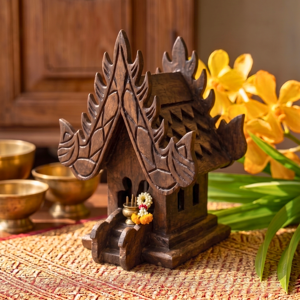 Teak Wood Mini Spirit House, Miniature Thai Altar Shrine, Sacred Housewarming Gift for Zen Home