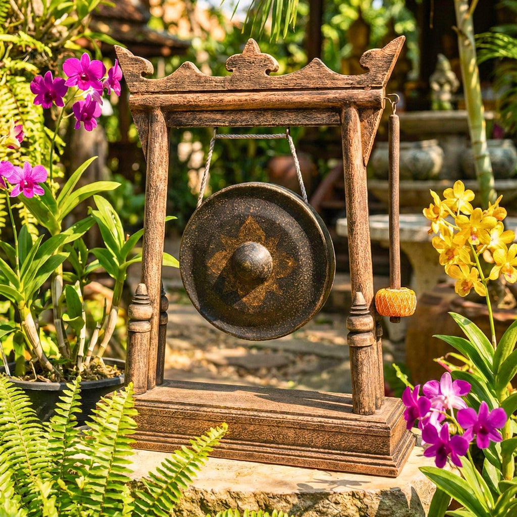 Hand Carved Wood Gong with Traditional Thai Motifs: Authentic Antique Altar Decor