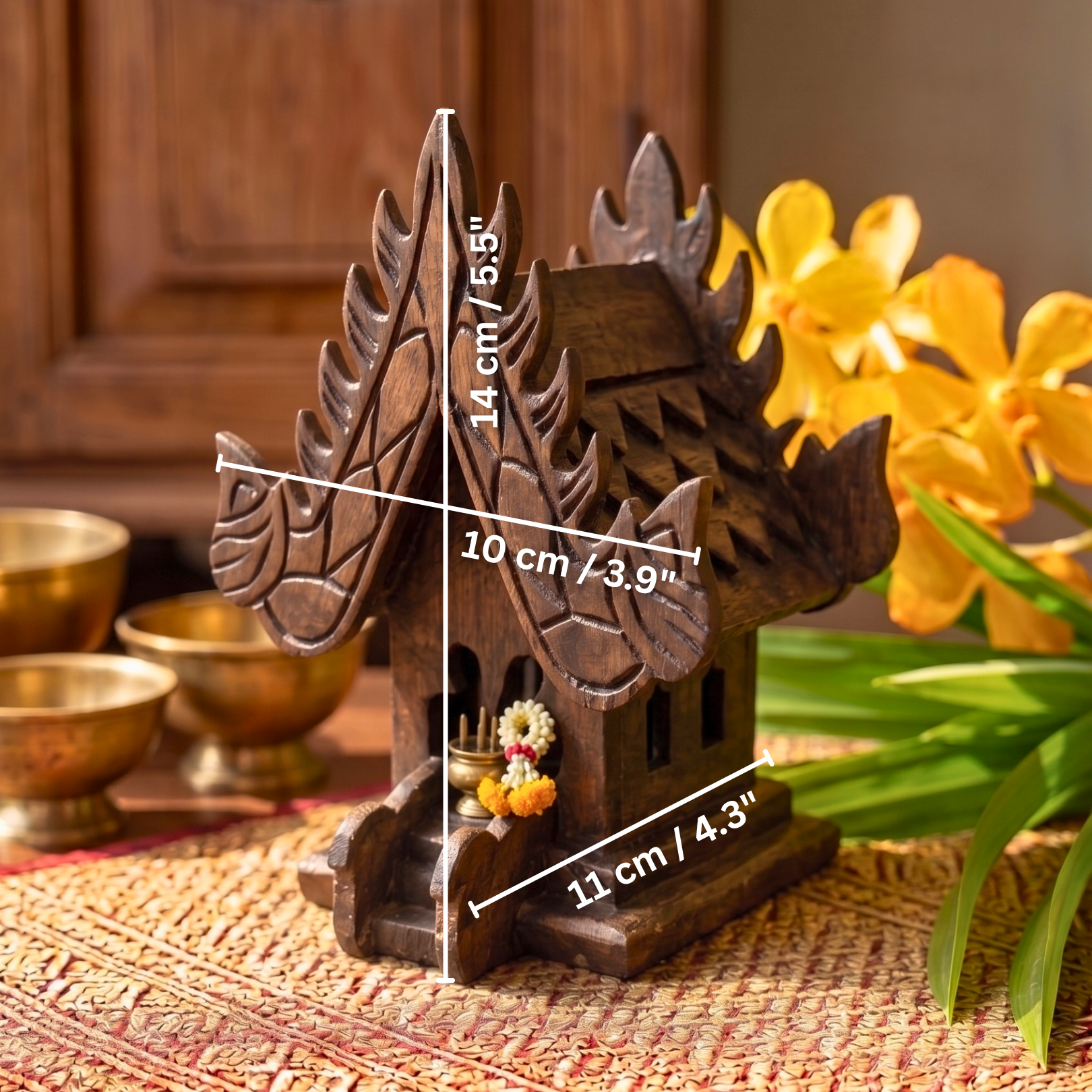 Teak Wood Mini Spirit House, Miniature Thai Altar Shrine, Sacred Housewarming Gift for Zen Home
