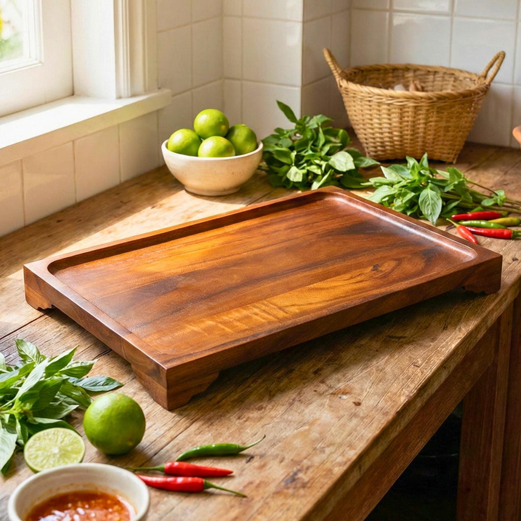 Large Hand Carved Teak Wood Serving Tray: Tea & Coffee Table Platter