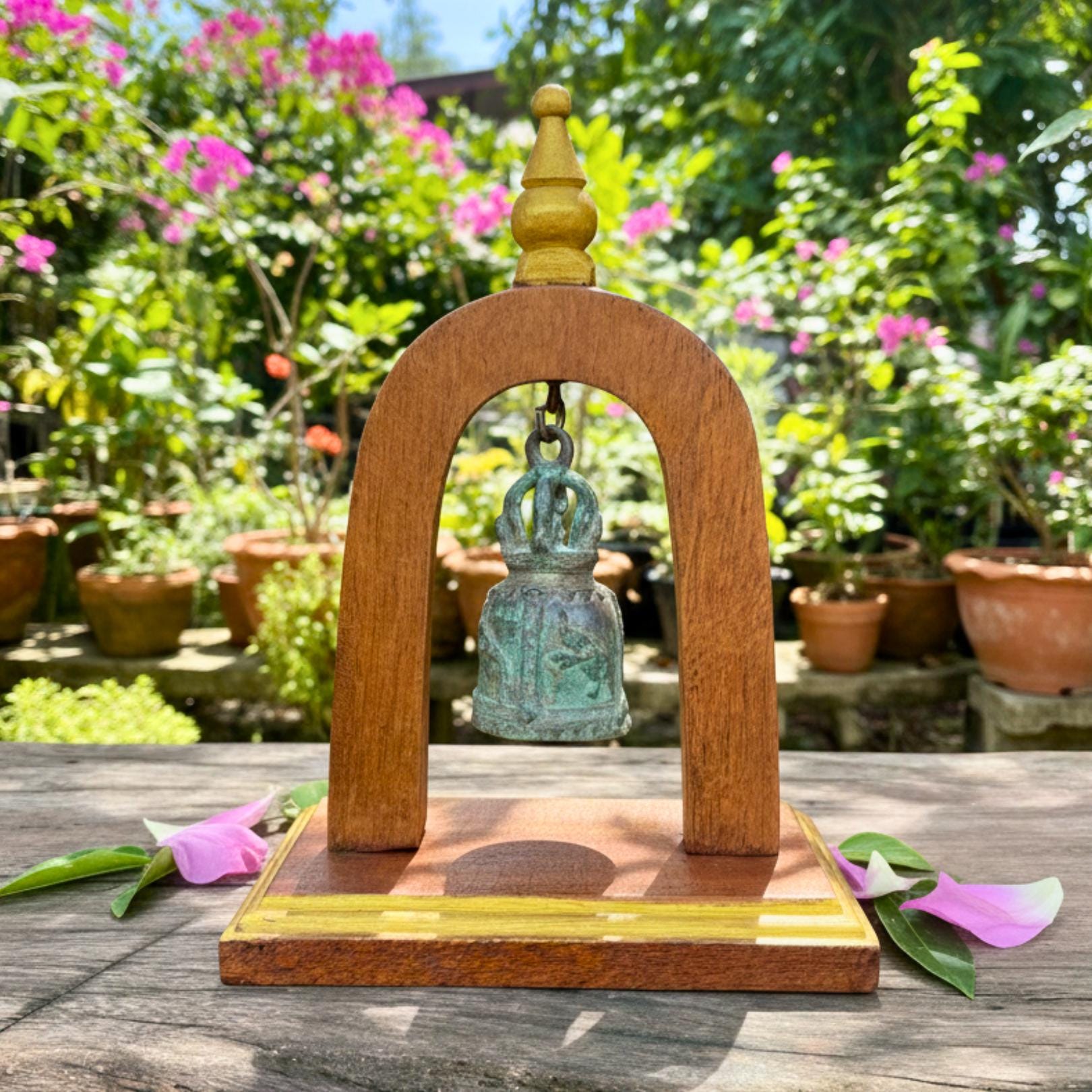 Handcrafted Wood Arch Bell Stand: Aged Brass Temple Bell Rustic Accent