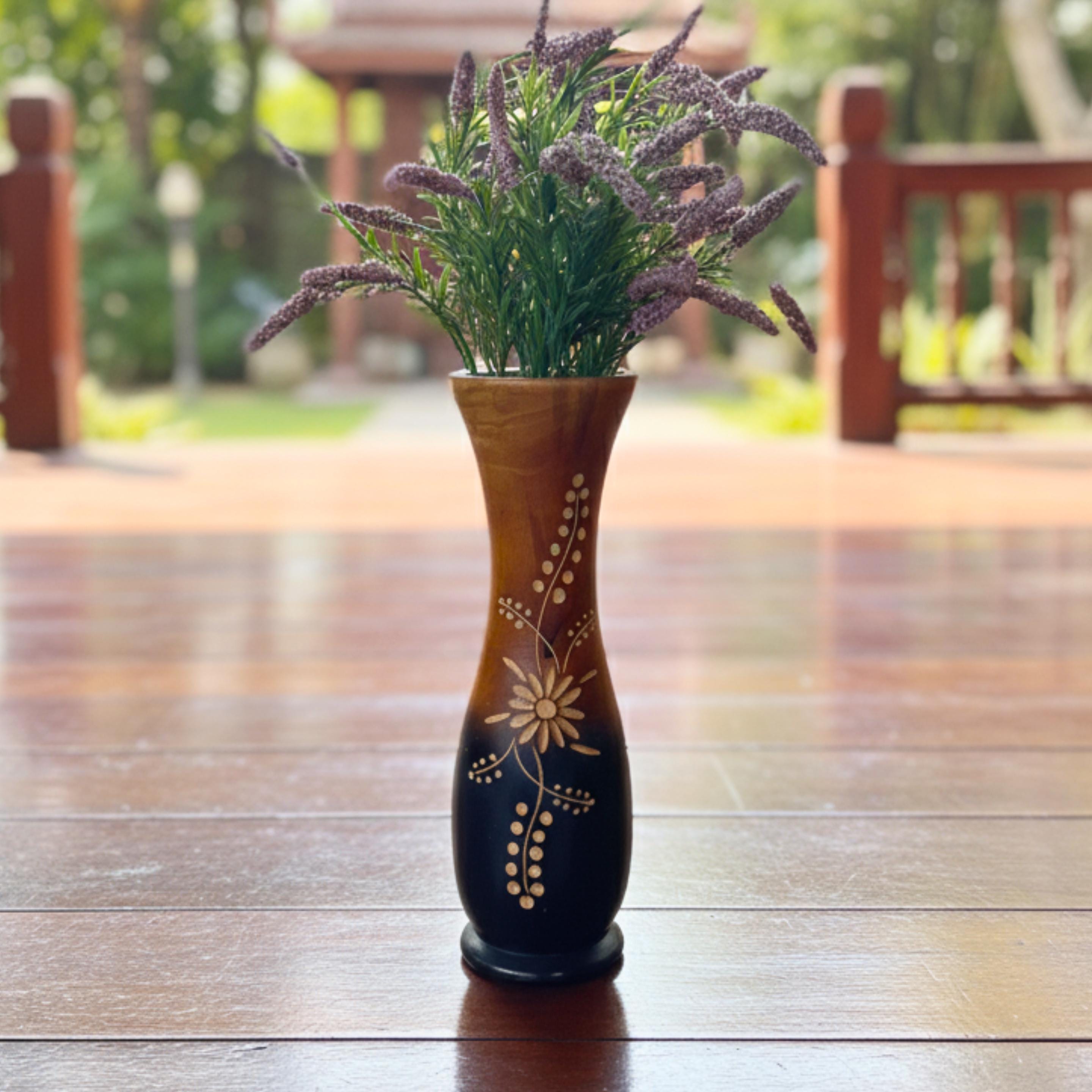 Hand Carved Wooden Tabletop Vase: Two Tone Floral Rustic Centerpiece