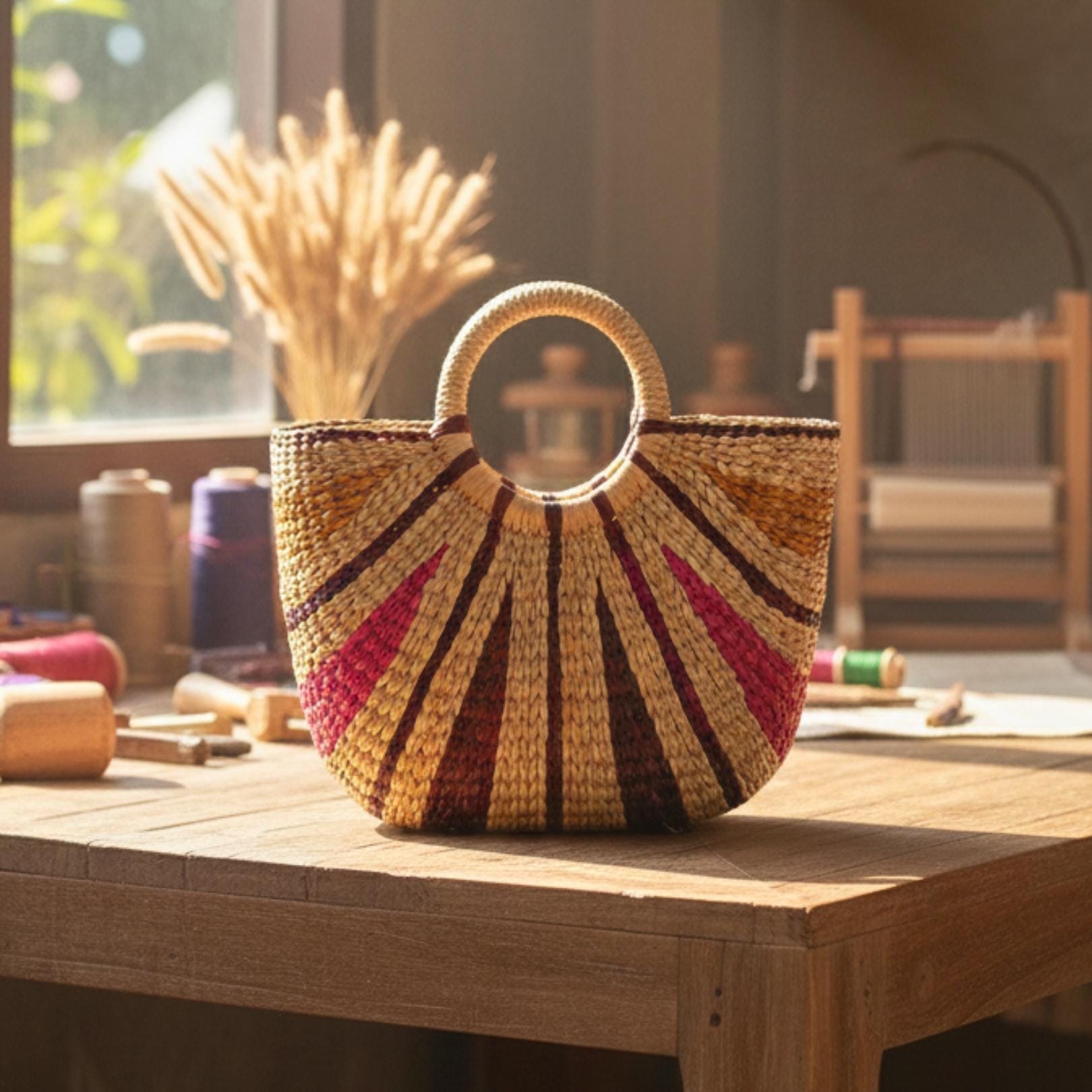 Hand Woven Wicker Handbag: Rustic Boho Tote with Round Handles