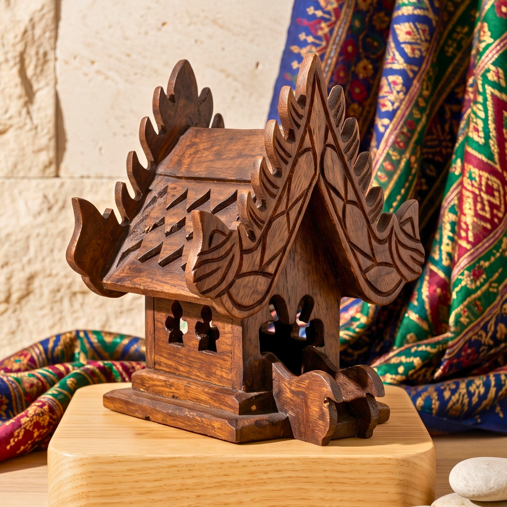 Teak Wood Mini Spirit House, Miniature Thai Altar Shrine, Sacred Housewarming Gift for Zen Home