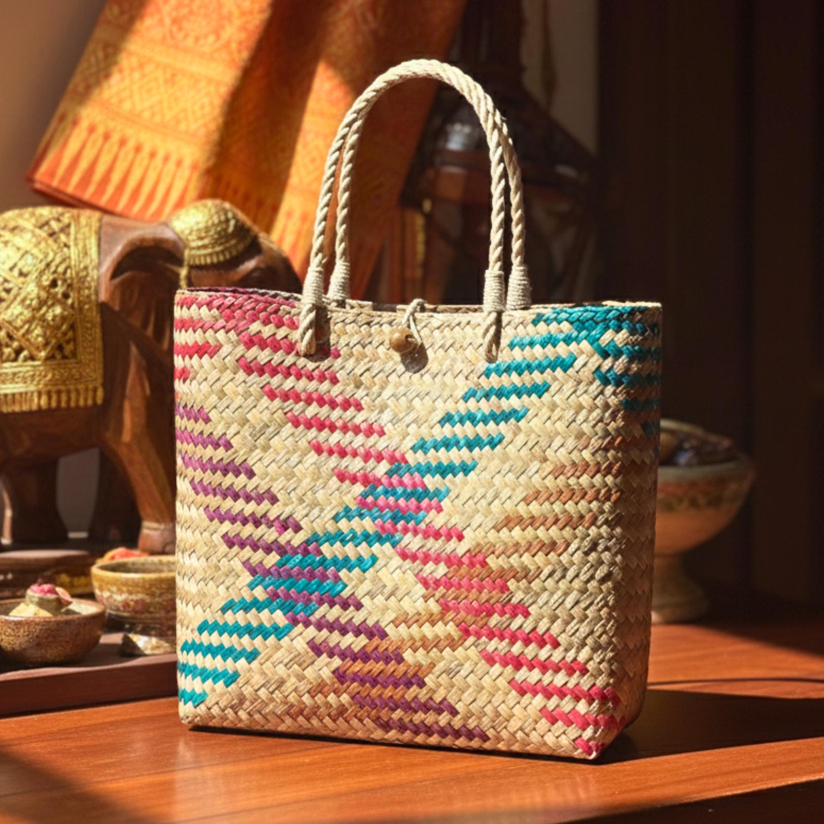 Hand Woven Rattan Market Tote: Vibrant Multi-Color Zigzag Wicker Handbag