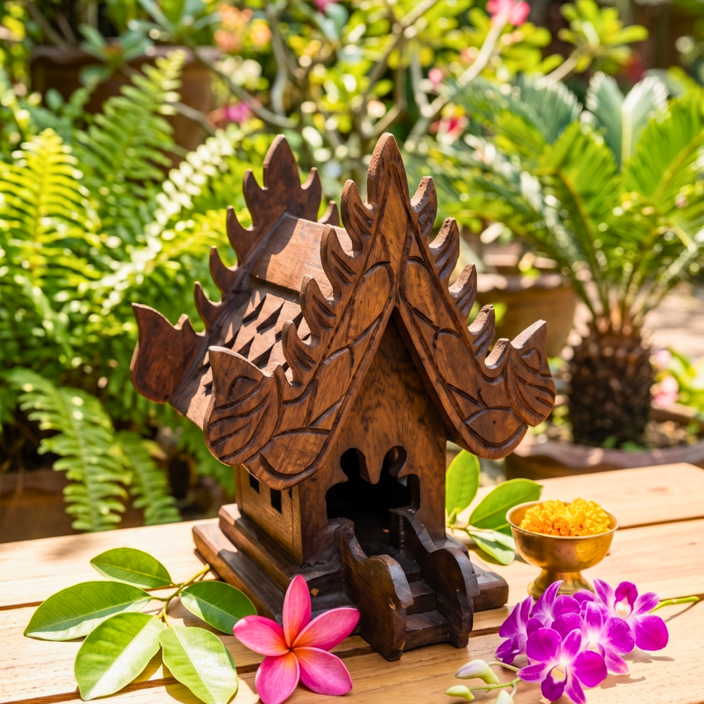 Teak Wood Mini Spirit House, Miniature Thai Altar Shrine, Sacred Housewarming Gift for Zen Home