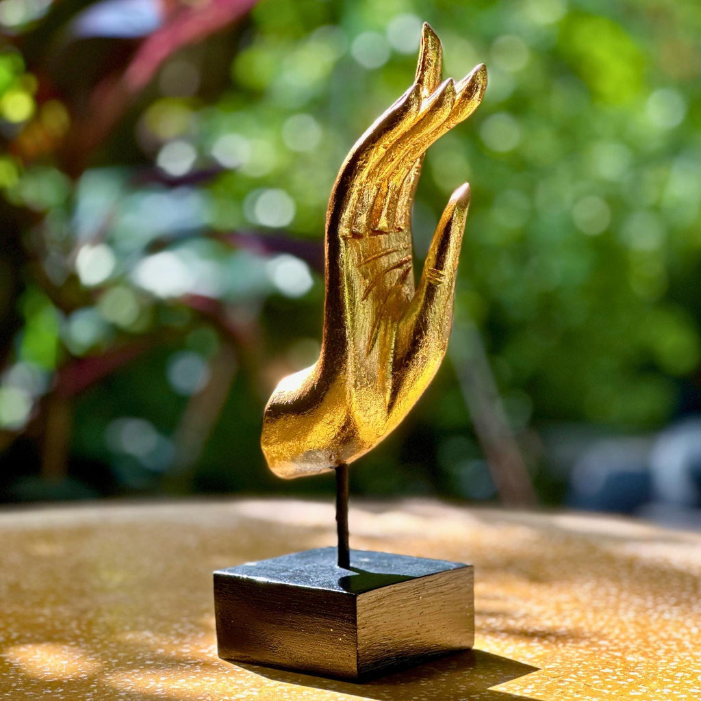 Golden Hand Sculpture: Upcycled Wood Dhyana Mudra | Vintage Zen Decor, Jewelry Holder