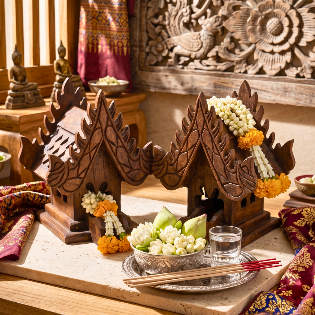 Teak Wood Mini Spirit House, Miniature Thai Altar Shrine, Sacred Housewarming Gift for Zen Home