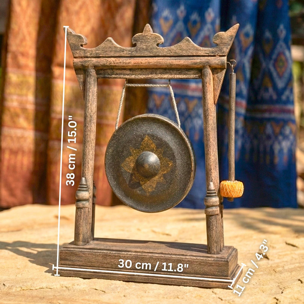 Hand Carved Wood Gong with Traditional Thai Motifs: Authentic Antique Altar Decor
