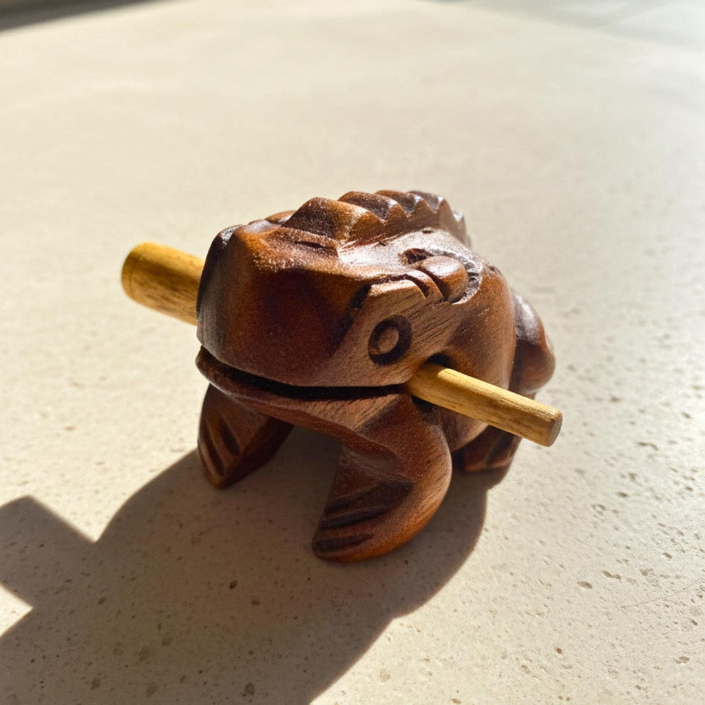 Hand Carved Wood Frog Musical Instrument: Croaking Sound Guiro Toy