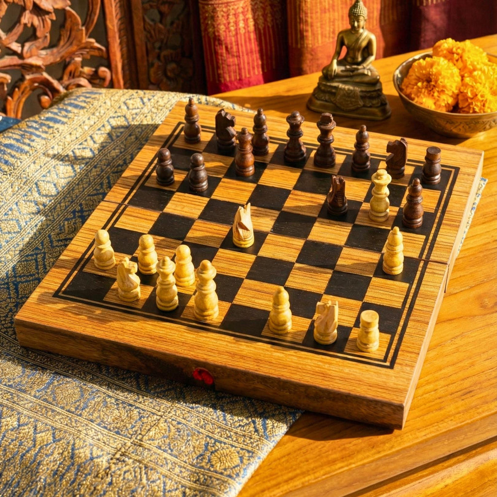 Hand Carved Wood Chess & Backgammon Set: 2-in-1 Traditional Board Game Toy