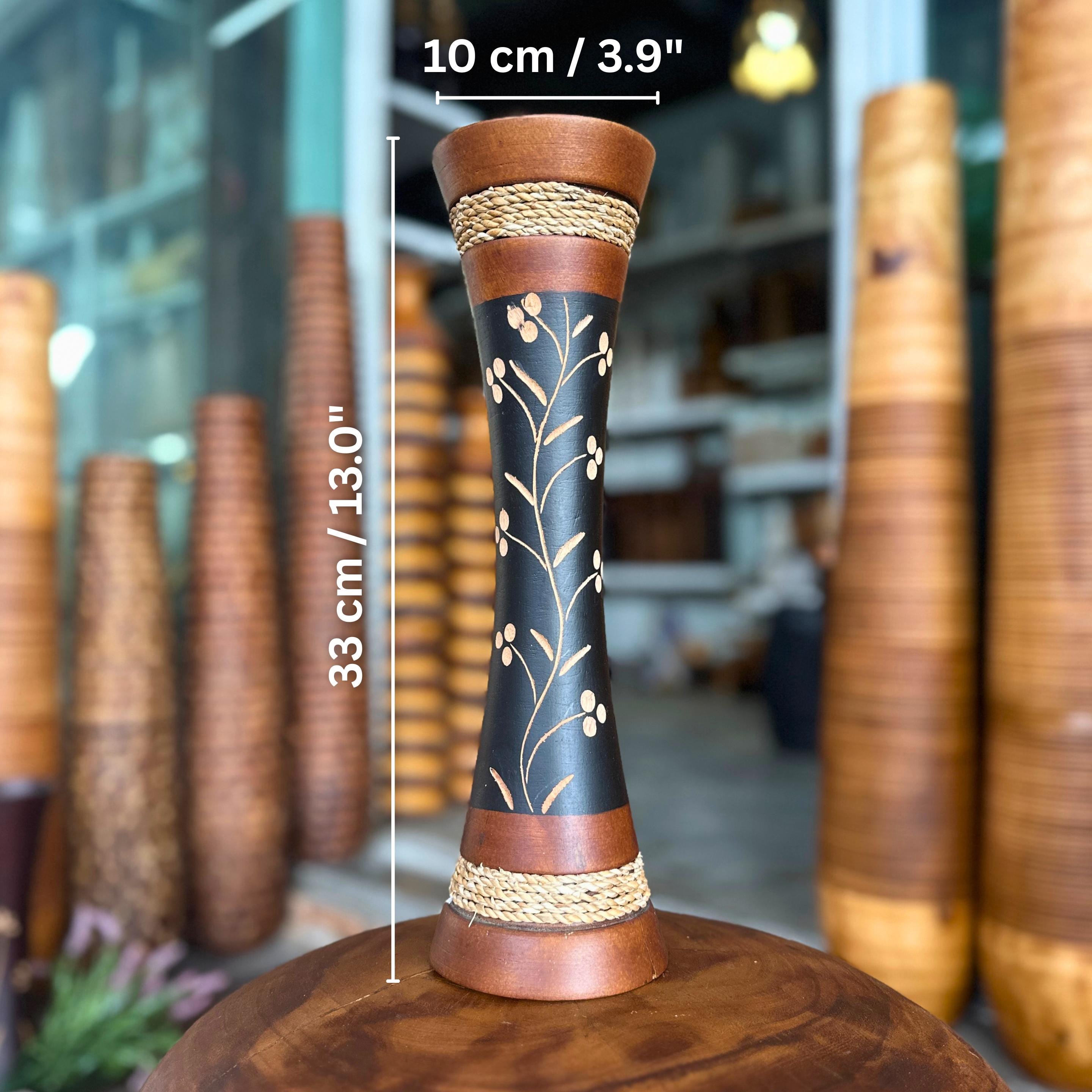 Hand Carved Wooden Floor Vase: Tall Thai Rustic Boho Entryway Accent Decor