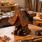 Teak Wood Mini Spirit House, Miniature Thai Altar Shrine, Sacred Housewarming Gift for Zen Home