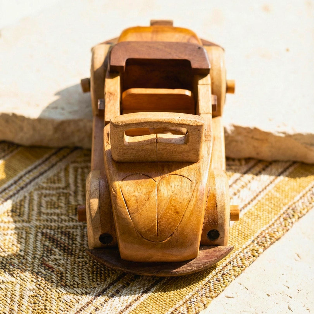 Hand Carved Wood Model Beetle Car: Vintage Automobile Desk Decor