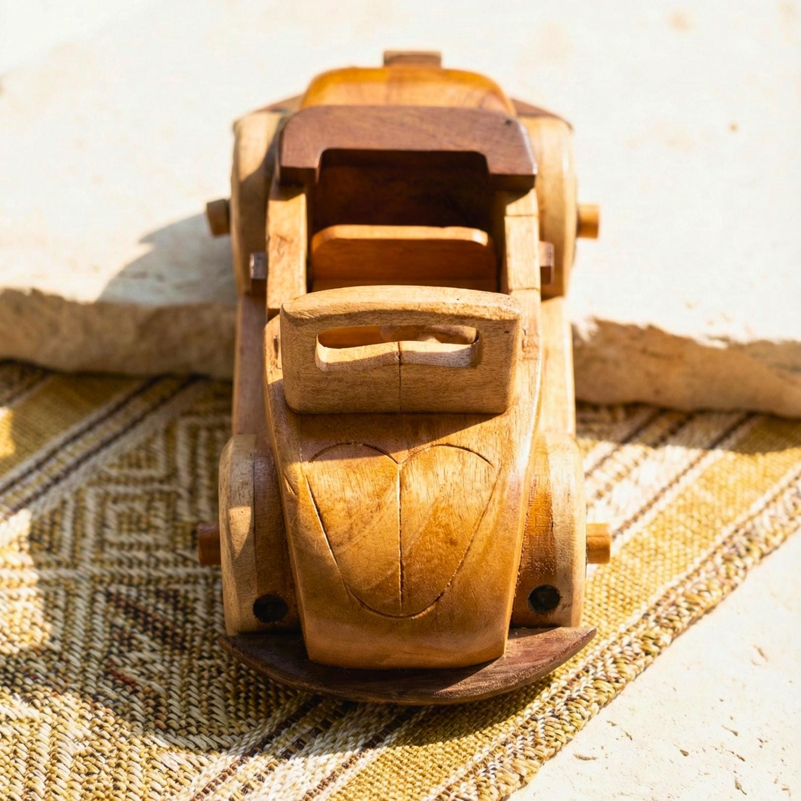 Hand Carved Wood Model Beetle Car: Vintage Automobile Desk Decor